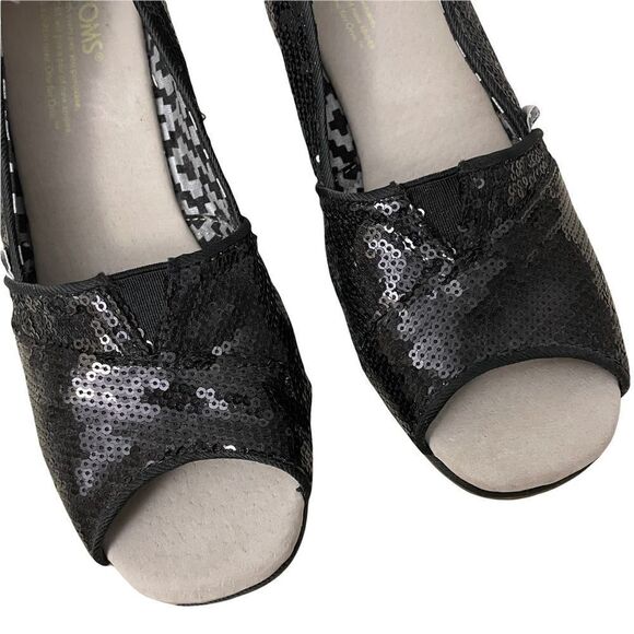 TOMS BLACK SEQUIN WEDGE 3”‎ heel SLIP ON SHOES size women’s 6.5 - Picture 4 of 9